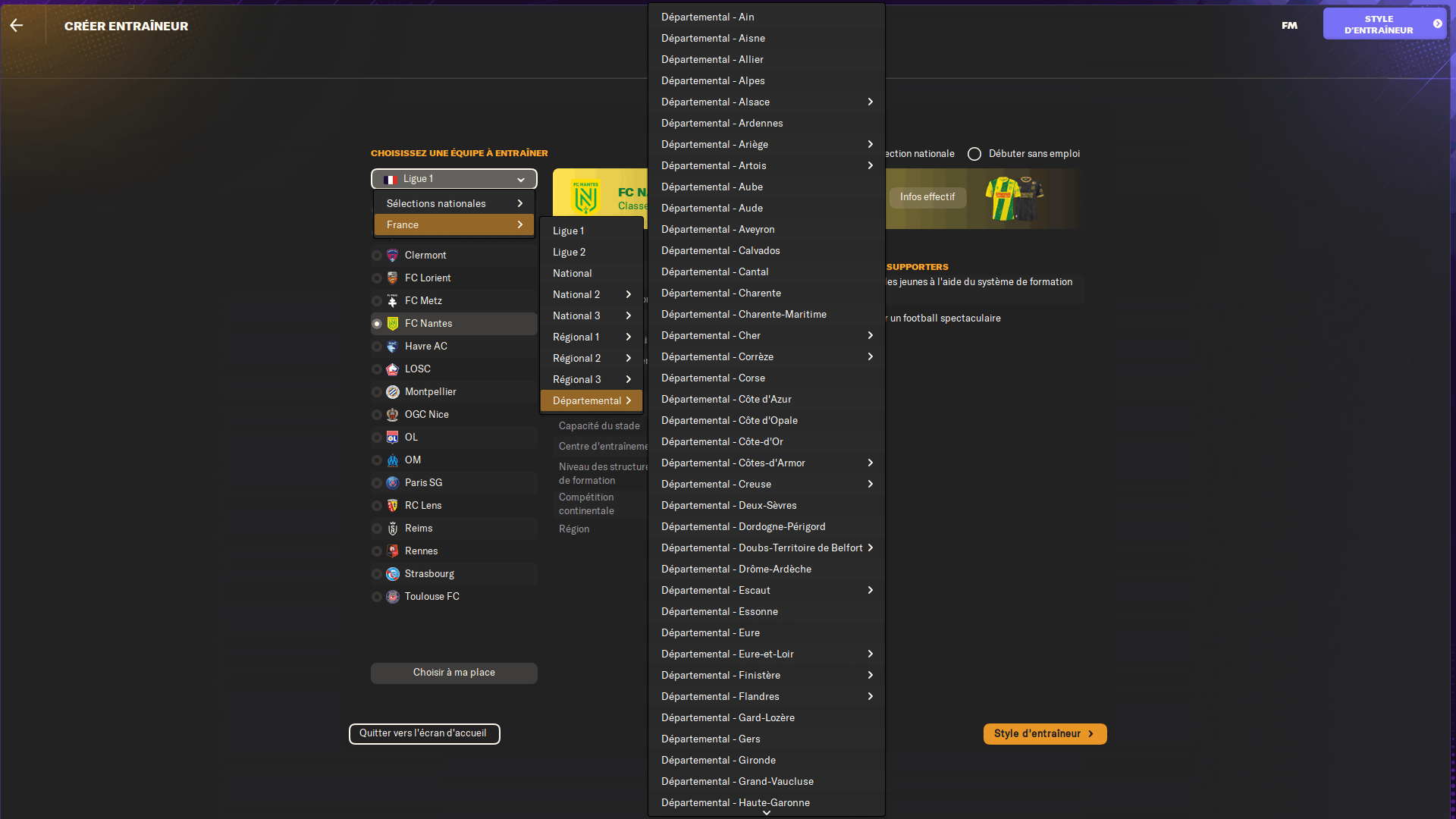Sélection d'une équipe départementale française à entraîner sur Football Manager 2024.